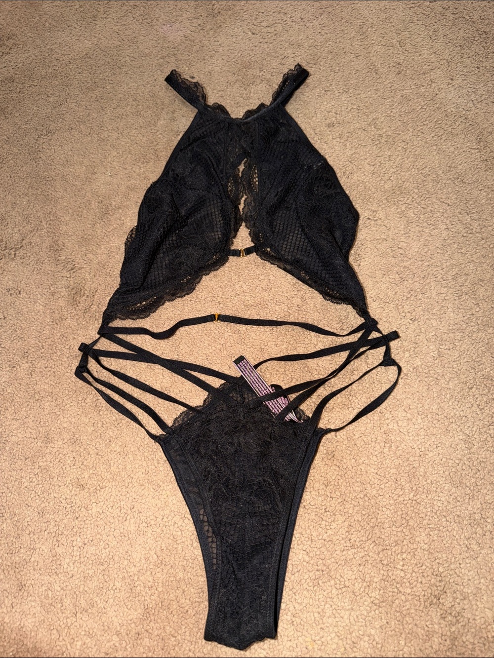 Victoria's Secret Black Lace Strappy Bodysuit